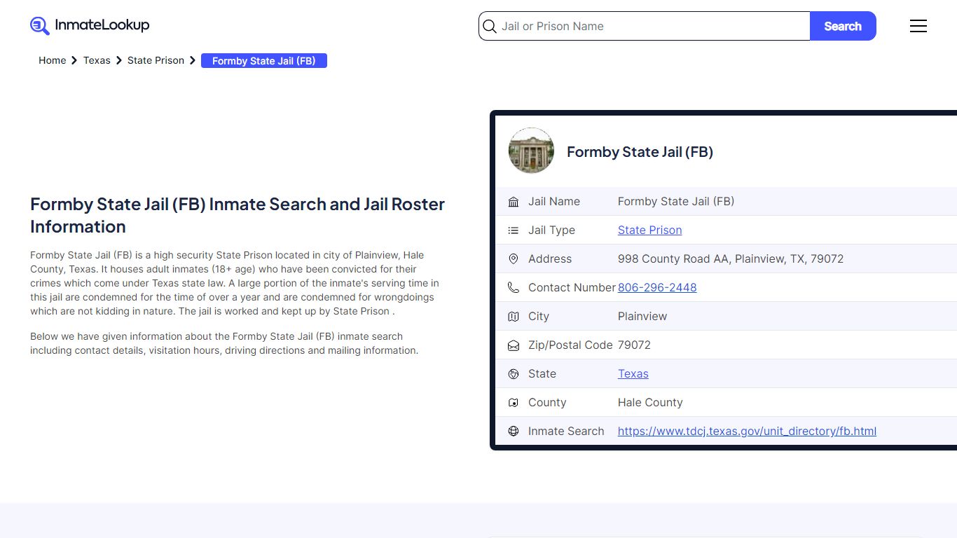 Formby State Jail (FB) Inmate Search and Jail Roster Information