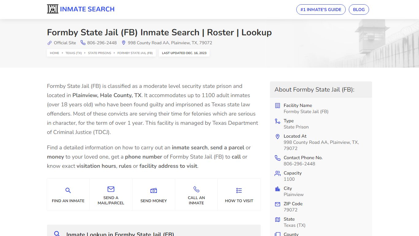 Formby State Jail (FB) Inmate Search | Roster | Lookup