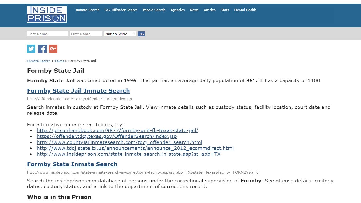 Formby State Jail - Texas - Inmate Search - Inside Prison
